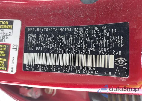 2013 Toyota Corolla Le from USA, damaged, VIN 2T1BU4EE3DC993711